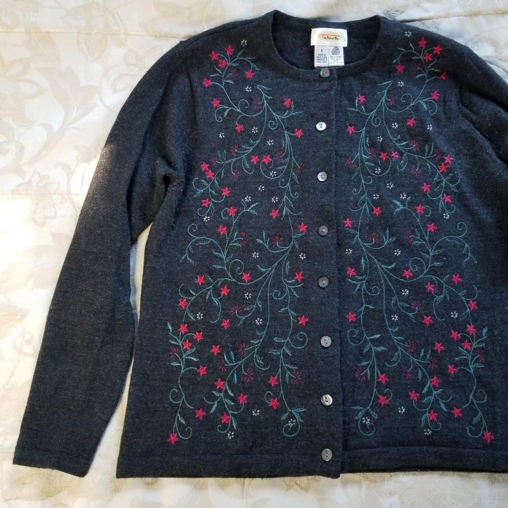 Vintage 90s 100% wool knit button up cardigan sweater with floral embroi…